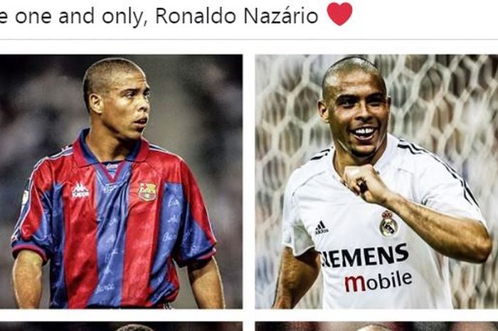 Striker legendaris timnas Brasil, Ronaldo Luiz Nazario de Lima, menggunakan kostum Barcelona dan Real Madrid.