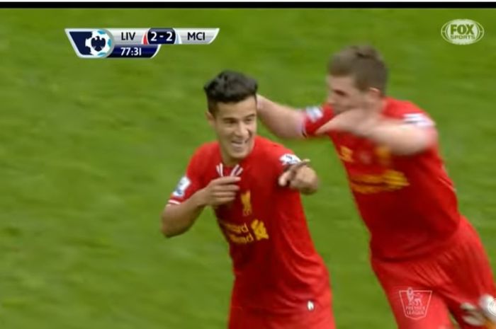 Philippe Coutinho merayakan gol dalam laga Liverpool vs Manchester City, 13 April 2014.