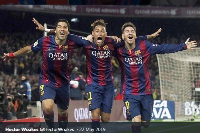 Neymar (tengah) saat membentuk trio MSN di lini depan Barcelona bersama Luis Suarez dan Lionel Messi.