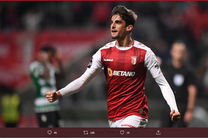 Pemain baru Barcelona, Fransesco Trincao, saat masih membela SC Braga.