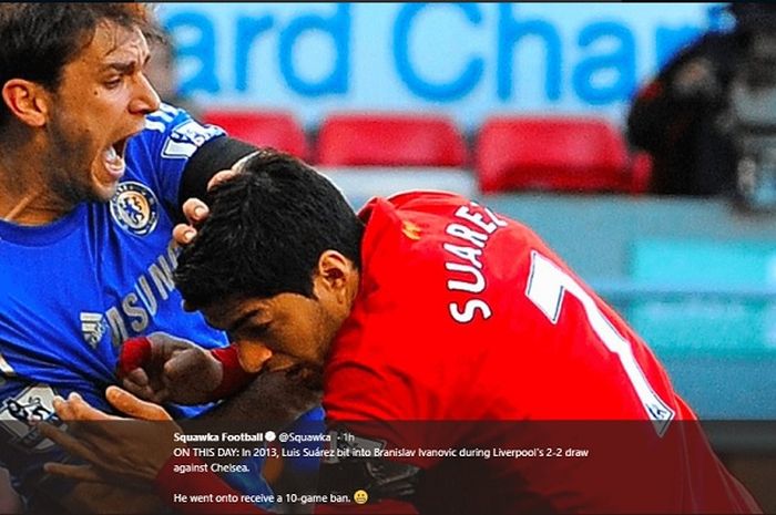 Insiden gigitan Luis Suarez terhadap Branislav Ivanovic di Liga Inggris 2012-2013.