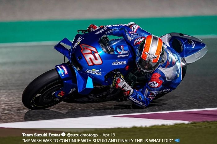 Aksi pembalap Suzuki Ecstar, Alex Rins, dalam tes pramusim MotoGP 2020 di Sirkuit Losail, Qatar, Februari 2020.