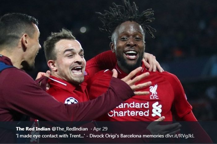 Striker Liverpool, Divock Origi, berselebrasi seusai menjebol gawang Barcelona pada semfinal Liga Champions, 7 Mei 2019.