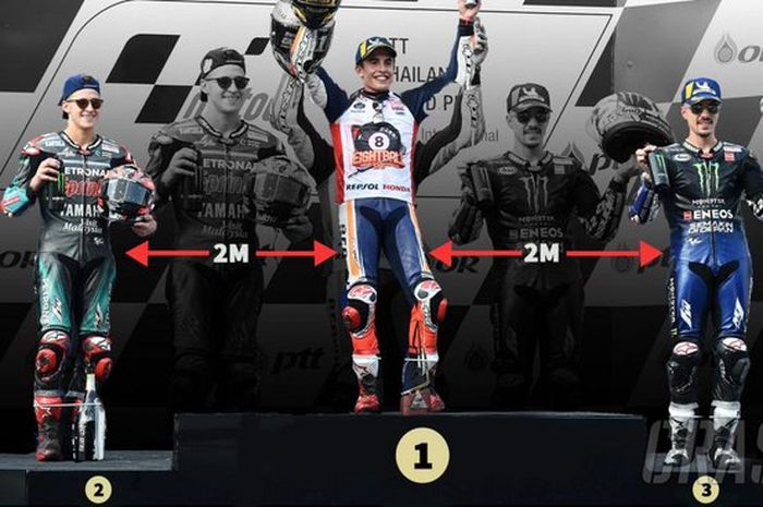 Simulasi gambar podium MotoGP yang menerapkan jarak sosial (social distancing).