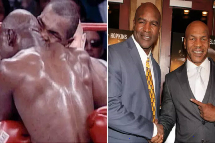 Mike Tyson menggigit kuping Evander Holyfield dalam pertarungan kelas berat WBA di Nevada, AS, 28 Juni 1997. Keduanya kini ingin bertarung lagi.