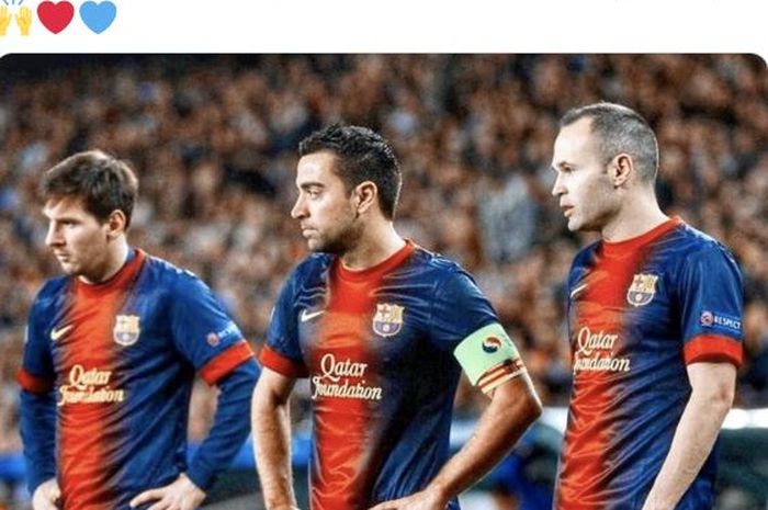 Lionel Messi, Xavi Hernandez, dan Andres Iniesta sama-sama berseragam Barcelona.