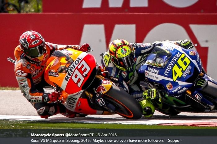 Marc Marquez (#93) dan Valentino Rossi (#46) pernah terlibat dalam insiden dalam balapan MotoGP Malaysia di Sirkuit Sepang, Malaysia, 25 Oktober 2015.