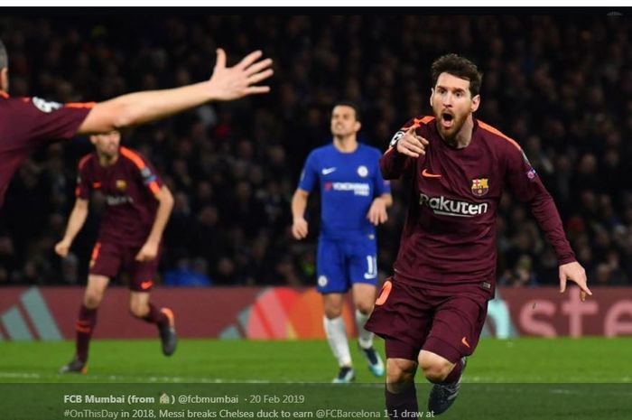 Lionel Messi merayakan golnya ke gawang Chelsea saat Barcelona bertandang ke Stadion Stamford Bridge dalam laga Liga Champions 2017-2018.