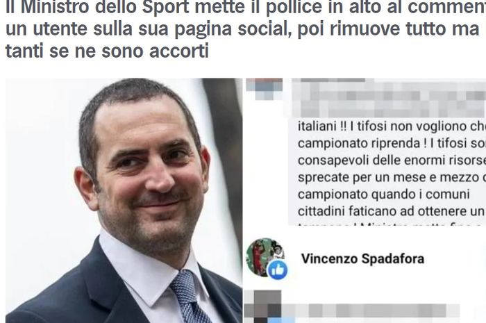 Tangkapan layar Menteri Olahraga Italia, Vincenzo Spadafora, memberikan jempol dari fans yang ingin Liga Italia dihentikan total.
