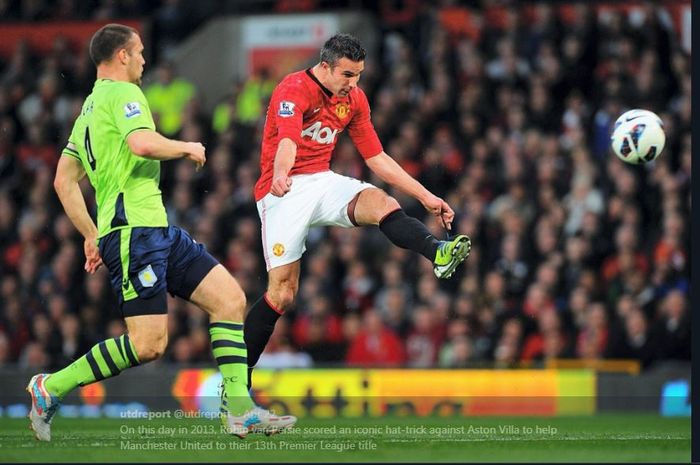 Robin van Persie mencetak gol indah saat Manchester United mencukur Aston Villa pada laga Liga Inggris di Old Trafford, 22 April 2013.