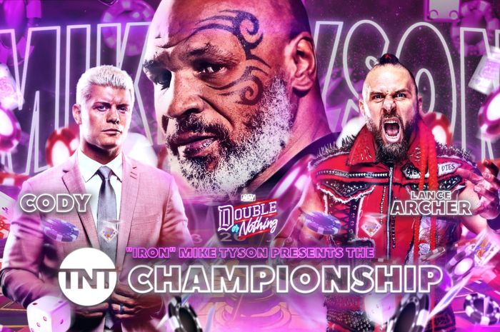 Poster Mike Tyson yang akan hadir ke acara AEW Double or Nothing dalam pertandingan final antara Cody Rhodes dan Lance Archer.