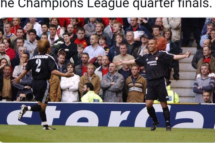 Ronaldo merayakan gol ke gawang Manchester United dalam laga perempat final Liga Champions 2002-2003