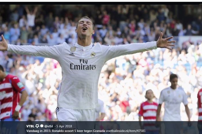 Cristiano Ronaldo merayakan golnya untuk Real Madrid ke gawang Granada dalam partai Liga Spanyol 2014-2015.