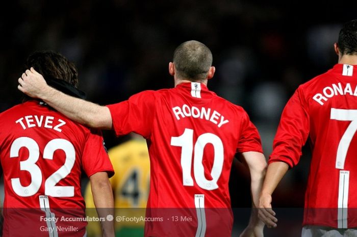 Trisula Manchester United medio 2007 sampai 2009, Carlos Tevez, Cristiano Ronaldo dan Wayne Rooney.