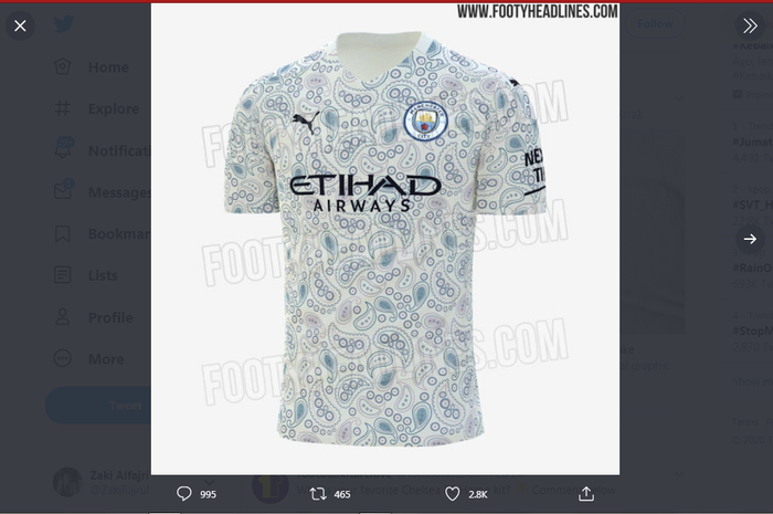 Desain jersey ketiga Manchester City musim 2020-2021 yang bocor melalui akun twitter @City_Xtra.