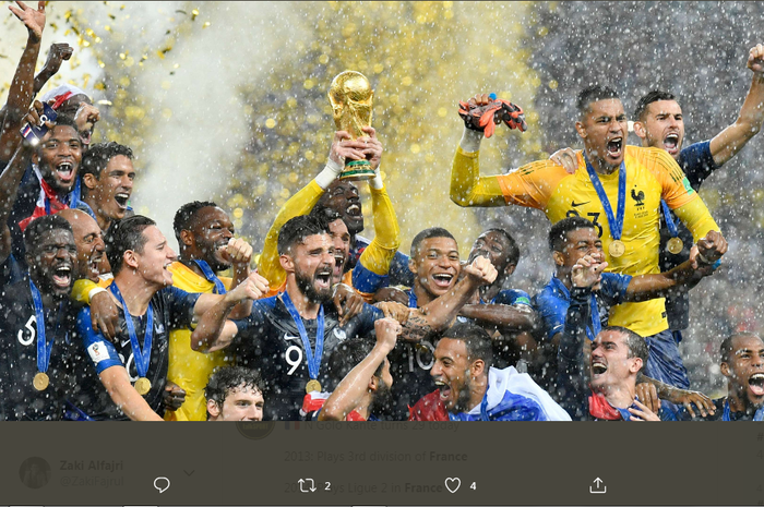 Timnas Prancis saat menjuarai Piala Dunia 2018 dengan melawan timnas Kroasia di babak final.