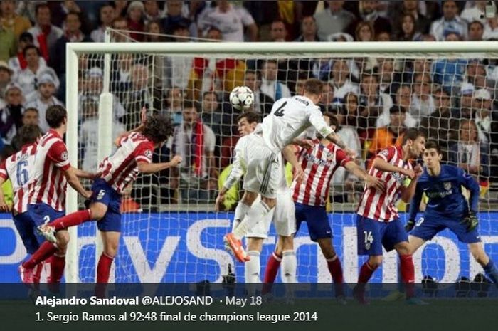 Sergio Ramos saat mencetak gol untuk Real Madrid ke gawang Atletico Madrid pada final Lga Champions 2014.