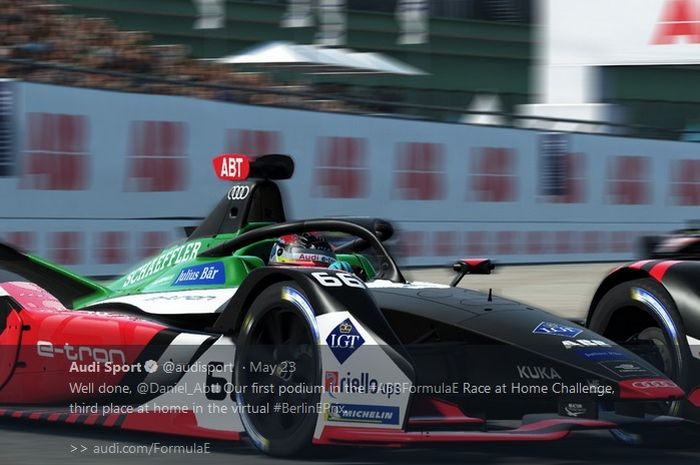 Pembalap tim Audi, Daniel Abt, finis ketiga dalam balap virtual Formula E Berlin ePrix pada Sabtu (23/5/2020). Abt kemudian didiskualifikasi karena terbukti berbuat curang. 