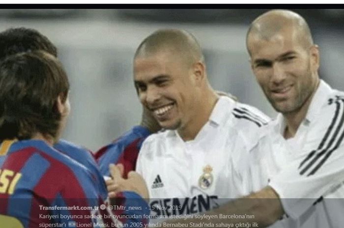 Lionel Messi, Ronaldo, dan Zinedine Zidane dalam momen el clasico Real Madrid vs Barcelona, 19 November 2005.