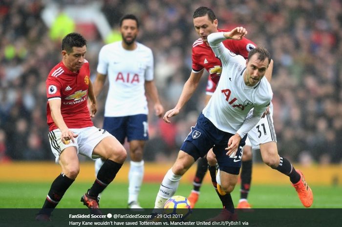 Salah satu momen duel Manchester United dan Tottenham Hotspur di Liga Inggris musim 2018-2019.