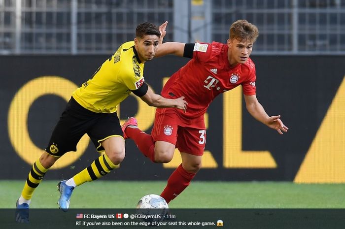 Pemain Bayern Muenchen, Joshua Kimmich, berebut bola dengan pemain Borussia Dortmund, Ahcraf Hakimi pada laga Der Klassiker, Selasa (26/5/2020).