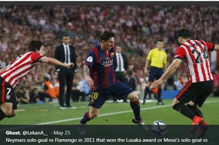 Aksi megabintang Barcelona, Lionel Messi, dalam final Copa del Rey 2015 melawan Athletic Bilbao.