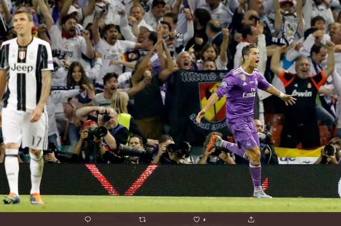 Selebrasi Cristiano Ronaldo usai menjebol gawang Juventus pada laga final Liga Champions 2016-2017, 3 Juni 2017