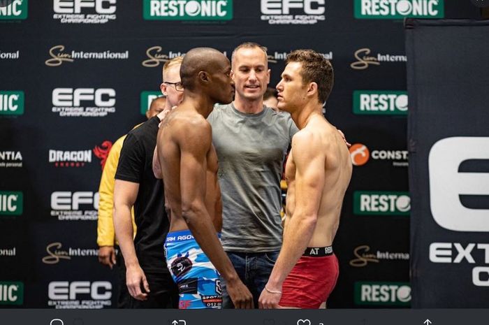 Asiashu Tshitamba saat sesi staredown lawan Billy Oosthuizen