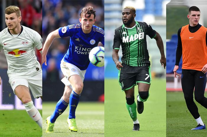 Kolase pemain Incaran Chelsea untuk musim 2020/2021 (dari kanan ke kiri) Timo Werner, Ben Chilwell, Jeremie Boga dan Declan Rice.