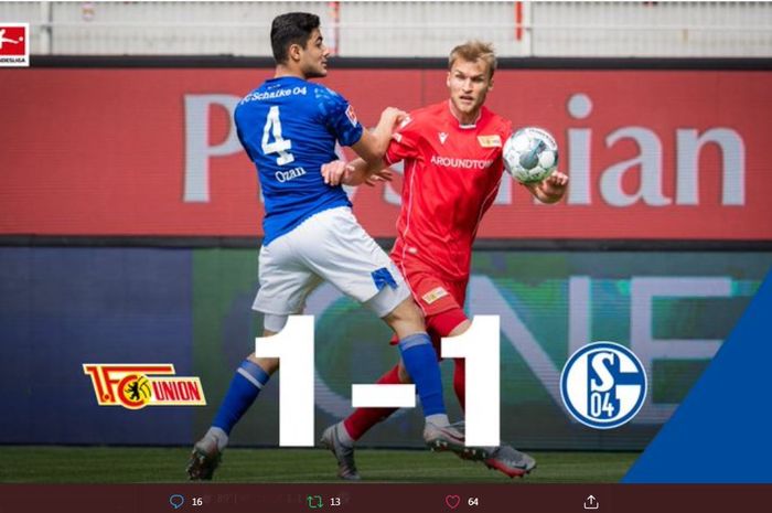 Schalke bermain imbang dengan Union Berlin dalam lanjutan pekan ke-30 Bundesliga, 7 Juni 2020.