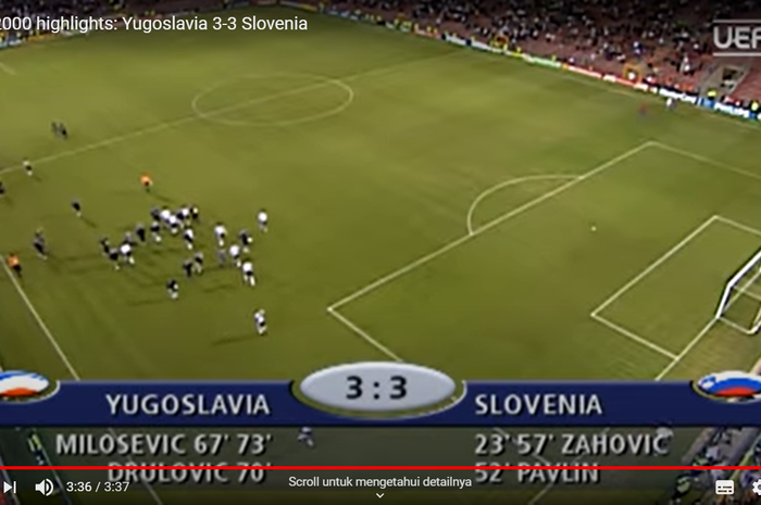 Laga pembuka Grup C Piala Eropa 2000 antara Yugoslavia melawan Slovenia yang berakhir imbang 3-3.
