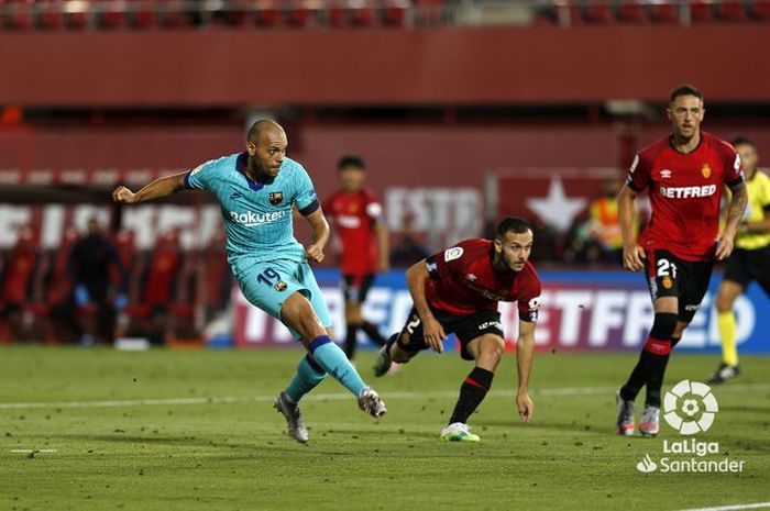 Aksi Martin Braithwaite di laga Mallorca Vs Barcelona, Sabtu (13/6/2020)