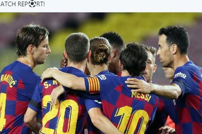 Para pemain Barcelona merayakan gol yang dicetak ke gawang Leganes dalam laga Liga Spanyol di Stadion Camp Nou, Selasa (16/6/2020).