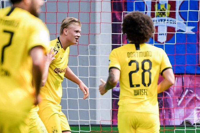 Dwigol Erling Haaland menjadi penentu kemenangan 2-0 Borussia Dortmund atas RB Leipzig di Red Bull Arena, Sabtu(20/6/2020).