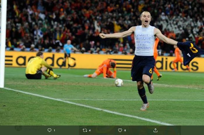 Andres Iniesta merayakan gol ke gawang timnas Belanda pada babak final Piala Dunia 2010.