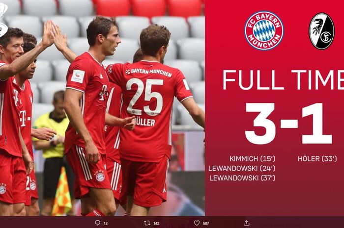 Bayern Muenchen berhasil mengalahkan Freiburg dalam laga pekan ke-33 Bundesliga 2019-2020 di Stadion Allianz Arena, Sabtu (20/6/2020) malam hari WIB.