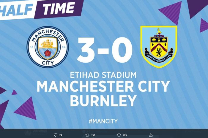 Manchester City berhasil unggul 3-0 atas Burnley di babak pertama.