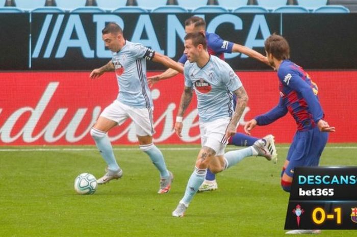 Penyerang Celta Vigo, Iago Aspas, dalam laga melawan Barcelona pada Sabtu (27/6/2020).