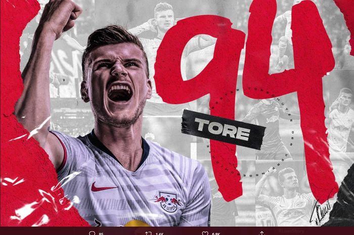 Timo Werner resmi menjadi pencetak gol terbanyak sepanjang masa usai membantu RB Leipzig menang 2-1 atas Augsburg pada laga terakhir Bundesliga 2019-2020.