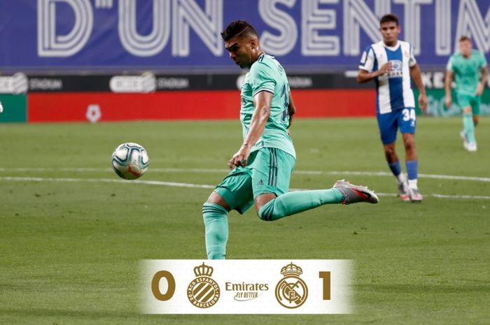 Casemiro berhasil mencetak satu-satunya gol Real Madrid saat melawan RCD Espanyol, Senin (29/6/2020) dini hari WIB.