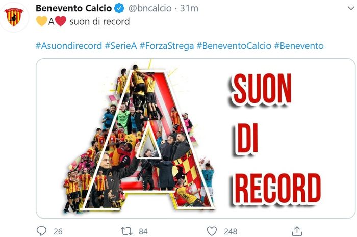 Benevento merayakan keberhasilan promosi ke Serie A Liga Italia 2020-2021 lewat cuitan di akun Twitter-nya.