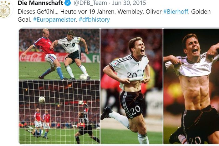 Momen Olivier Bierhoff mencetak golden goal dalam duel klasik Jerman vs Rep. Ceska di final Euro 1996, 30 Juni 1996.