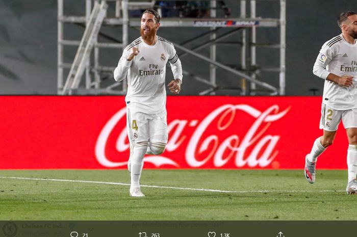 Sergio Ramos melakukan selebrasi usai menjebol gawang Getafe pada laga pekan ke-33 Liga Spanyol, Kamis (2/7/2020).