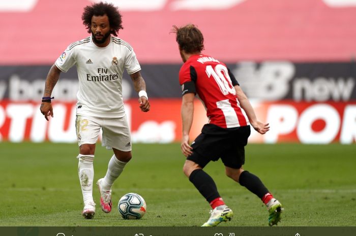 Marcelo berduel dengan Iker Muniain dalam laga Athletic Bilbao kontra Real Madrid pada pekan ke-34 Liga Spanyol, Minggu (5/7/2020) di San Mames.