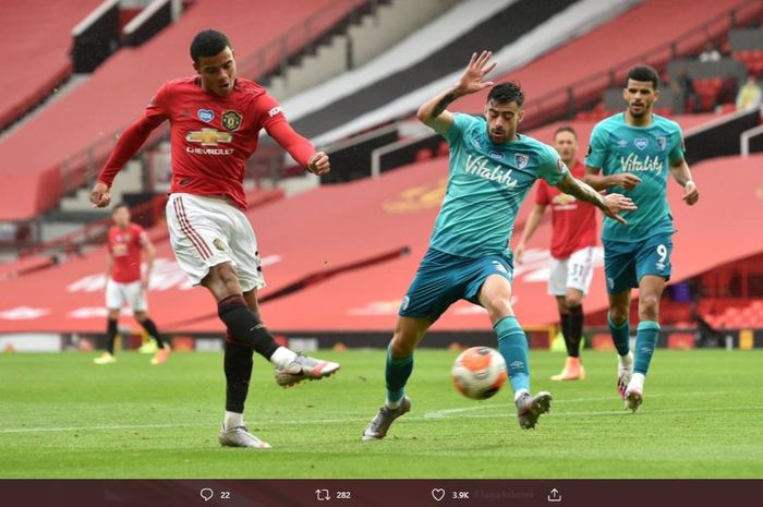 Mason Greenwood saat mencetak gol keduanya dalam laga Manchester United vs Bournemouth, Sabtu (4/7/2020).