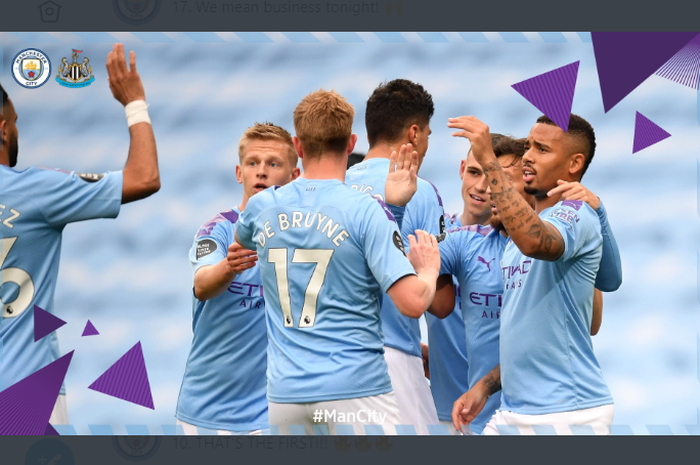 Pemain Manchester City saat merayakan gol yang dibuat Gabriel Jesus ke gawang Newcastle United pada laga Liga Inggris pekan ke-34, Rabu (8/7/2020).