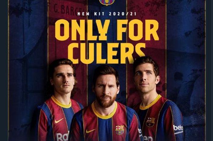 Lionel Messi, Antoine Griezmann, dan Sergi Roberto pamer seragam anyar Barcelona untuk musim 2020-2021.