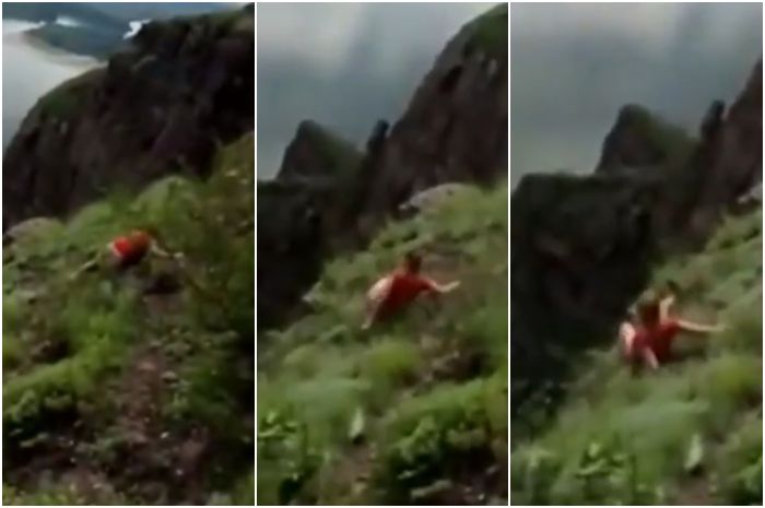 Detik-detik wanita tergelincir dari tebing setinggi 50 meter saat hendak selfie.