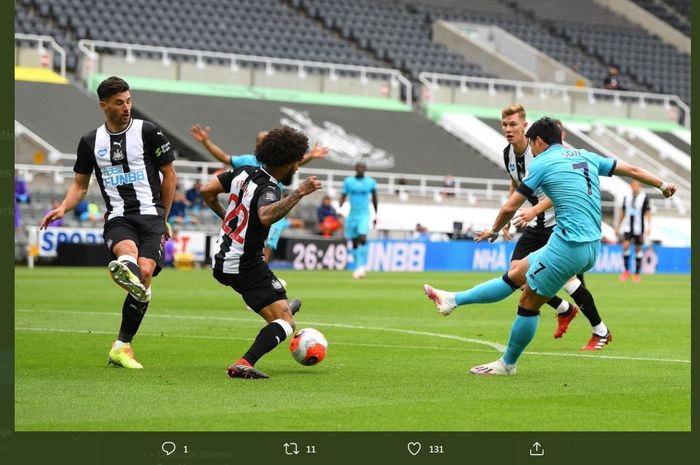 Son Heung-min mencetak gol ke gawang Newcastle United dalam laga pekan 36 Liga Inggris, 15 Juli 2020.