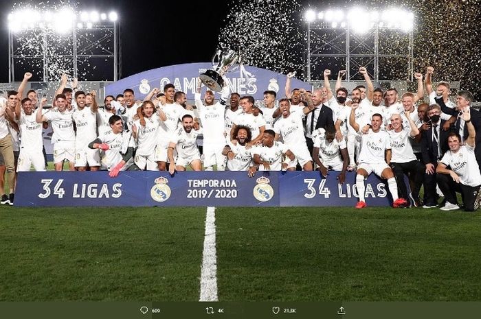 Real Madrid merayakan gelar juara Liga Spanyol 2019-2020.